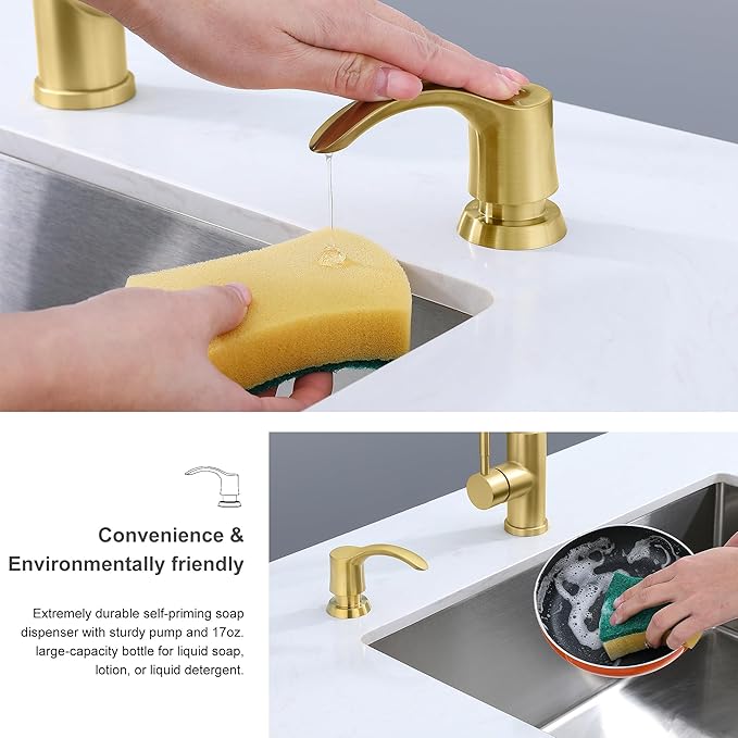 GAGALIFE Kitchen Sink Soap Dispenser with Large Bottle, Built in Sink Soap Dispenser Refill from Top, Brushed Gold