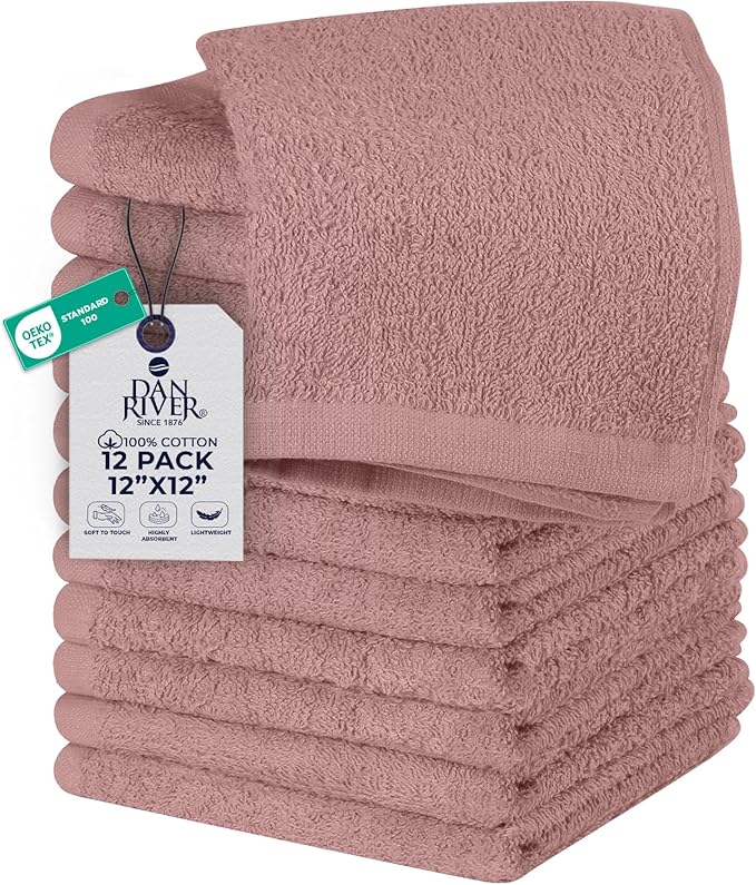 DAN RIVER 12 Pack Wash Cloths for Showering [12x12] - 100% Cotton Washcloths Premium Quality Flannel Face Cloths for Bathroom, Highly Absorbent and Soft Feel Wash Clothes, Dusty Pink