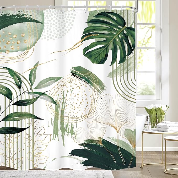 Green Boho Shower Curtain 72Wx96H Extra Long Sage Green Modern Mid Century Abstract Tropical Palm Leaves Bohemian Plant Bathroom Decor Minimalist Bath Curtain Fabric Polyester 12 Pack Hooks