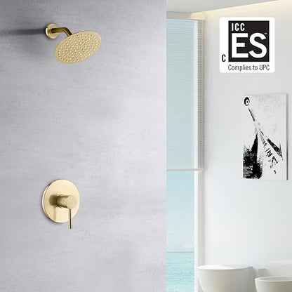 sumerain Shower Faucet Set Brushed Gold, Anti-scald Pressure Balance Valve, 8 Inches Extra-thin Rain Shower Head, with Non-return Check Valves
