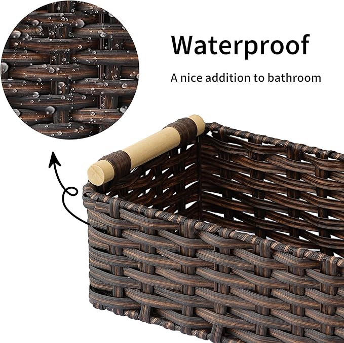 GRANNY SAYS Wicker Baskets for Shelves, Wicker Baskets for Storage, Waterproof Toilet Basket Tank Topper, Basket Organizer with Handle, Toilet Paper Basket for Back of Toilet, 14¼" x 6½" x 4¼", Brown