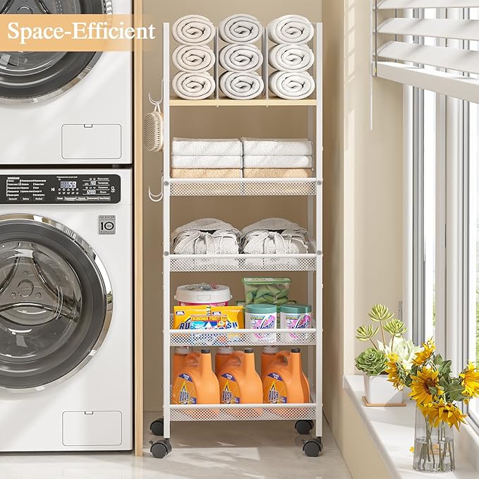 5-Tier Bathroom Storage Shelf, Mobile Metal Free Standing Shelving Unit with Wheels, Towel Rack Organizer with M-Shaped Detachable Dividers & 4 S-Hooks, Rolling Cart for Bathroom Laundry Kitchen,White