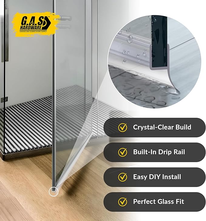 1/2" (12mm) Frameless Shower Door Seal – H-Type 8 Ft. (2.44m) Ultra-Clear Bottom & Side Drip Rail Sweep Strip, 1 Piece for Leak Protection, Water Control & Easy DIY Installation