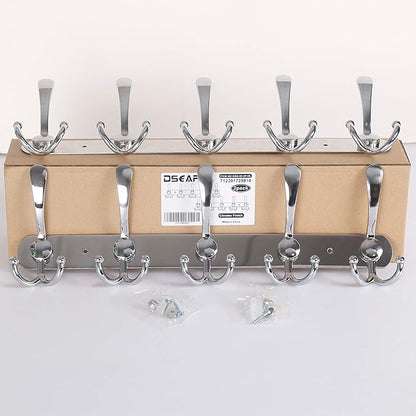 Dseap Wall Mounted Coat Rack - 5 Tri Hooks, Heavy Duty, Stainless Steel, Metal Coat Hook Rail for Coat Hat Towel Purse Robes Mudroom Bathroom Entryway (Chromed, 2 Packs)