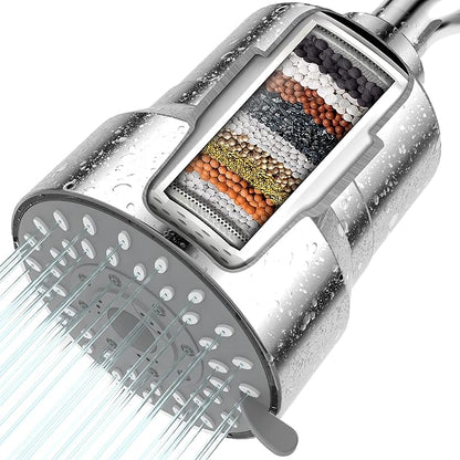 Filtered Shower Head, 2-in-1 Shower Head Filter-5 Modes High Pressure Output with 15 Stage Hard Water Shower Filter Cartridge for Remove Chlorine Heavy Metals and Other Sediments