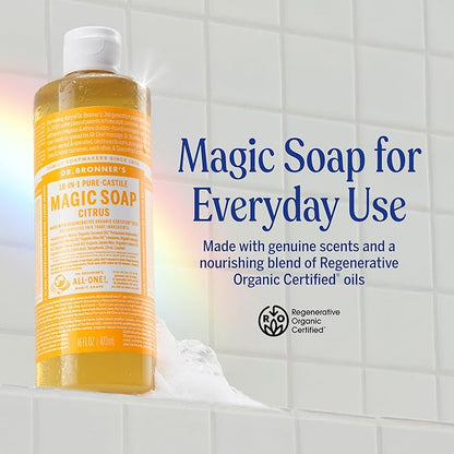 Dr. Bronner's Pure-Castile Magic Liquid Soap (Citrus, 16 Ounce, 2-Pack)- Made with Regenerative Organic Certified Oils, 18-in1 Uses: Face, Hair, Hand & Body Soap, Laundry, Pets- Concentrated, Vegan