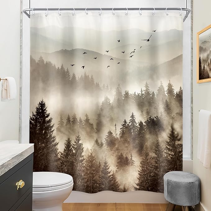 Riyidecor Foggy Mountain Shower Curtain 60Wx72H Inch Nature Rustic Woodland Scenery Tree Alpine Landscape Natural Abstract Modern Scene Bathroom Decor Fabric Polyester Waterproof 12 Pack Hooks