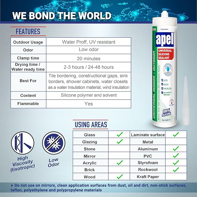 apel All Purpose Clear Silicone Sealant Waterproof (24 x 10.5 fl.oz.), 100% Silicone Caulk, Weatherproof & Flexible Adhesive Sealant for Indoor and Outdoor Use, Transparent - 24 Pack
