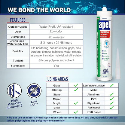 apel All Purpose Clear Silicone Sealant Waterproof (12 x 10.5 fl.oz.), 100% Silicone Caulk, Weatherproof & Flexible Adhesive Sealant for Indoor and Outdoor Use, Transparent - 12 Pack
