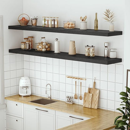 Vivelove 72 Inches Floating Shelves Wall Mounted, 12" Deep Wall Shelves for Bedroom, Bathroom, Living Room, Kitchen, Office, Home Decor, Modern Shelf, Set of 1, Black, 72x12x2