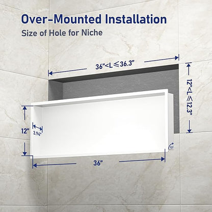 Stainless Steel Shower Niche 36" X 12" White No Tile Needed Niche Shower Recessed Wall Niches for Bathroom Storage Over Mount Installation