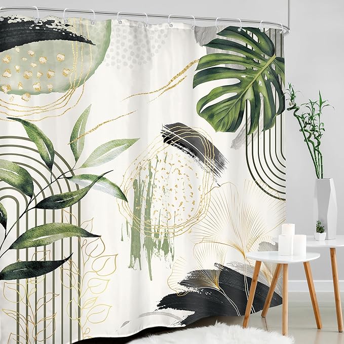 Grey Green Boho Shower Curtain 72Wx78H Long Tropical Palm Leaves Abstract Modern Bohemian Minimalist Gold Leaf Mid Century Bathroom Decor Botanical Bath Curtain Fabric Polyester 12 Pack Hooks
