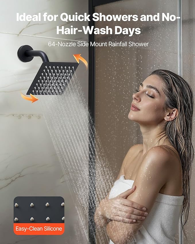 VEVOR Shower Faucet Set, 12 Inch Thermostatic Ceiling Mount Rainfall Shower System with 6 Inch Wall Mount Head and 2 in 1 Handheld Spray, 3-Function Dual Rain Head Brass Valve & Trim Kit, Matte Black