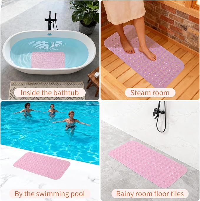 Anti-Slip Bathtub Shower mat, 27.5×14.5（Approximately 70×37cm） inch Soft Oversized Machine Washable Non-Slip Bathtub mat with Drainage Holes, Bathroom Floor Suction Cup.（1-Clear Pink）