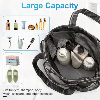 Mesh Shower Caddy Portable, Bathroom Caddy Organizer for College Dorm Essentials, Hanging Shower Tote Bag with 7 Pockets for Beach, Swimming, Gym camping Grey Black Checkered