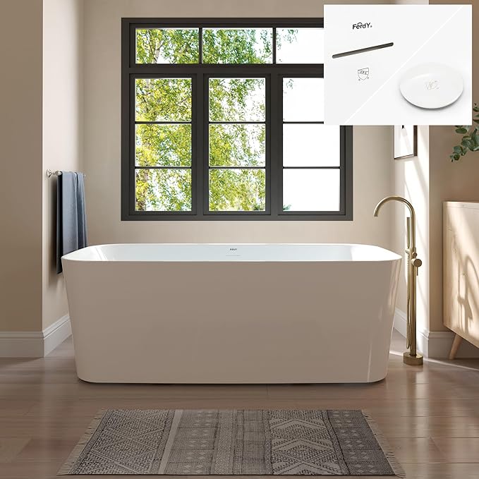 FerdY Maui 67" Acrylic Freestanding Bathtub, Contemporary Elegant Design Soaking Tub with Polished White Drain and Minimalist Linear Design Overflow, Easy to Install