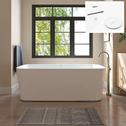 FerdY Maui 67" Acrylic Freestanding Bathtub, Contemporary Elegant Design Soaking Tub with Polished White Drain and Minimalist Linear Design Overflow, Easy to Install