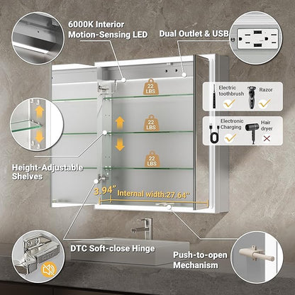 30x32 Beveled Lighted Medicine Cabinet with Mirror & Lights, Surface or Recessed Mirrored Medicine Cabinet with Outlet & Clock, Anti-Fog Dimmable LED Storage Cabinet, Built-in Sensor Light