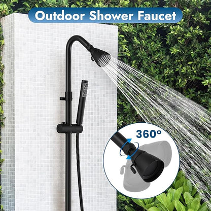 Matte Black Wall Mount Outdoor Shower Kit with Hand Held Spray Two Cross Handles with Adjustable Slide Bar Two Function Exposed Shower Faucet System