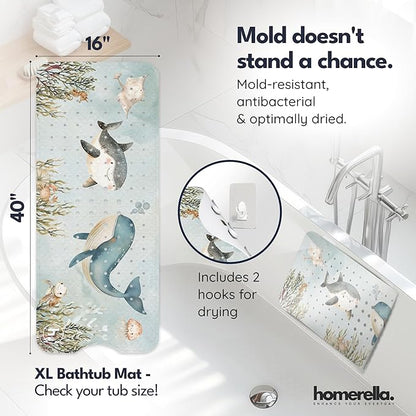 Homerella Baby Bath Tub Mat | Anti Mold Mildew Resistant Non Slip Kids and Adult Bath Tub Shower Mats | 40x16 inch Long with Suction Cups for Secure Grip Hooks for Storage & Drying | Machine Washable
