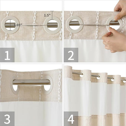 No Hook Extra Long Shower Curtain Set with Snap-in Liner,Linen Textured Thick Striped Fabric with Tassels,Boho Chic Modern Farmhouse Bathroom Curtain,Water-Repellent,Cream/Beige,71x86