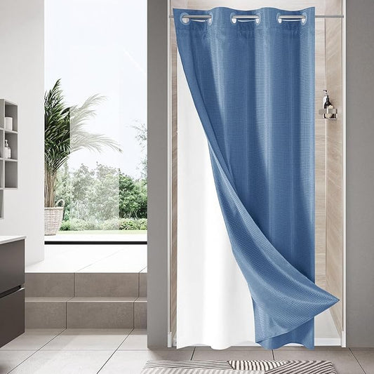 MitoVilla Blue Waffle Small Stall Shower Curtain Liner Set 36 x 74, No Hooks Required Half Size Narrow Fabric Cloth Shower Curtain Set with Snap-in Liner for Modern Bathroom Decor, Moonlight Blue