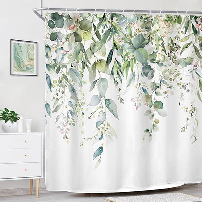 Riyidecor Green Eucalyptus Leaves Shower Curtain for Bathroom Decor 72Wx78H Plants Watercolor Floral Rustic Botanical Spring Nature Farm Art Printed Fabric Polyester Waterproof 12 Pack Plastic
