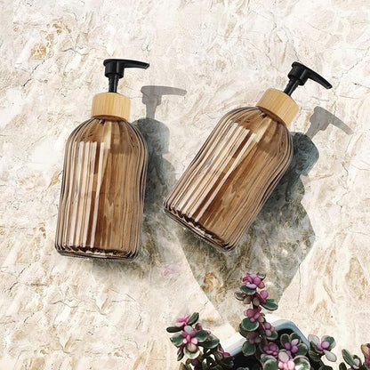 Amber Glass Soap Dispenser with Pump, 2 Pack 13.5oz Vertical Stripe Design Hand Soap Dispenser for Hand Wash, Dish Wash, Elegant Dispenser for Bathroom and Kitchen