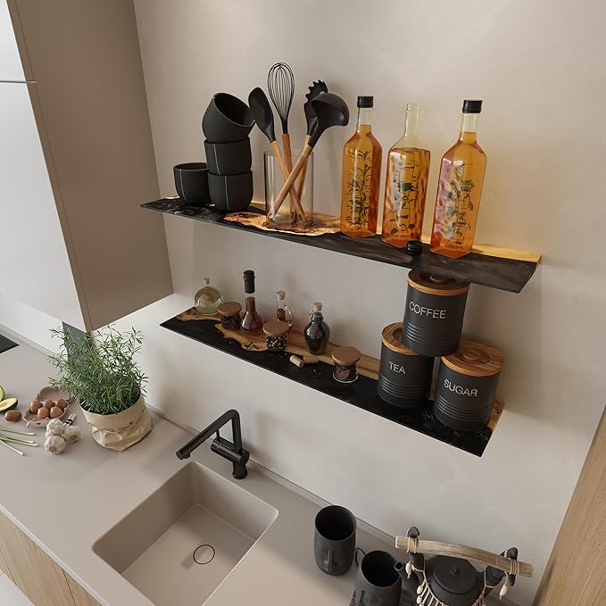 RWA Live Edge Floating Shelf – Unique Wood Floating Shelf for Wall Decor, Living Room, Bedroom, or Bathroom – Stylish Decorative Wall Shelves for Home & Office (Live Edge, Black - 24x7)