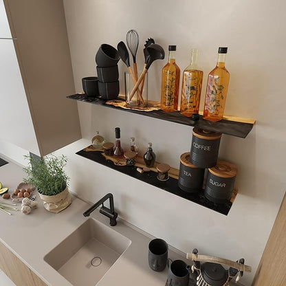RWA Live Edge Floating Shelf – Unique Wood Floating Shelf for Wall Decor, Living Room, Bedroom, or Bathroom – Stylish Decorative Wall Shelves for Home & Office (Live Edge, Black - 24x7)
