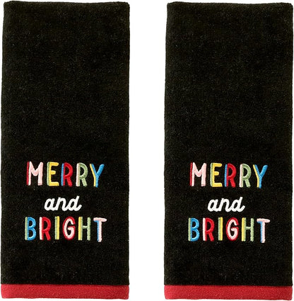 SKL Home Christmas/Winter Rainbow Merry 100% Cotton Embroidered 2pc Hand Towel Set, Decorative for Bath/Kitchen/Bar, Black