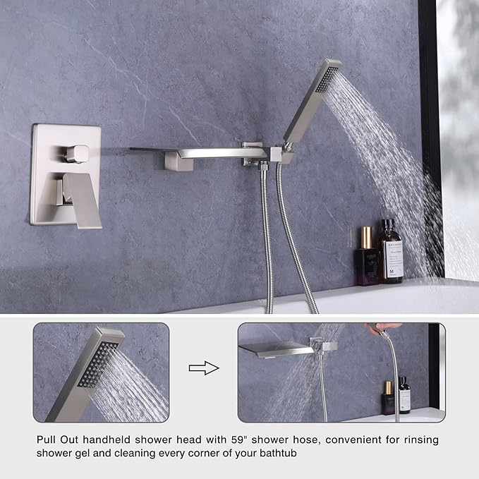 Taplong Wall Mount Tub Faucet with Waterfall Tub Spout Wall Mounted Bathtub Faucet with Handheld Shower Single Handle Tub Filler, Shower Faucet Set with Rough-In Valve, Brushed Nickel,91266BN