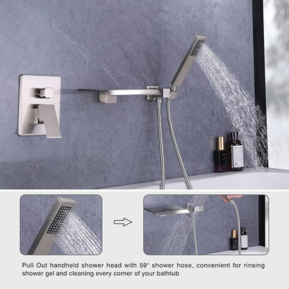 Taplong Wall Mount Tub Faucet with Waterfall Tub Spout Wall Mounted Bathtub Faucet with Handheld Shower Single Handle Tub Filler, Shower Faucet Set with Rough-In Valve, Brushed Nickel,91266BN