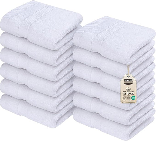 Utopia Towels 12 Pack Premium Wash Cloths Set, 12 by 12 Inches, 100% Cotton Ring Spun, Highly Absorbent and Soft Feel Essential Washcloths for Bathroom, Spa, Gym, and Face, White