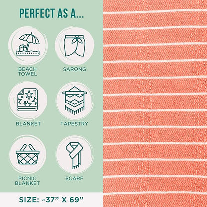 Sand Cloud Turkish Beach Towel - Sand Proof - 100% Certified Organic Turkish Towel - Quick Dry Towel for Beach, Picnic, Blanket or Bath Towel - As Seen on Shark Tank - Gocek (Coral)