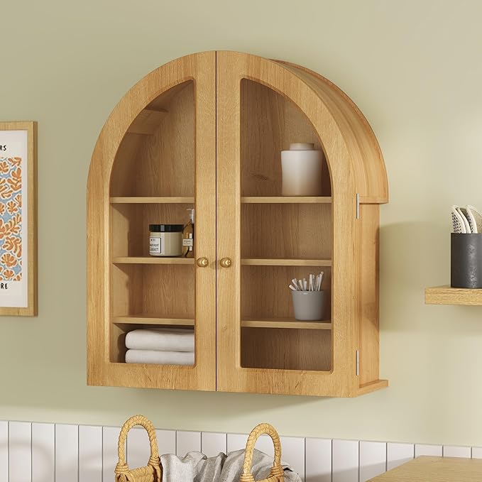 Large Arched Bathroom Wall Cabinet Modern Wooden Display Cabinet with Acrylic Doors Farmhouse Wall Mounted Cupboard Storage Organizer for Laundry Room, Dining Room, Natural Oak