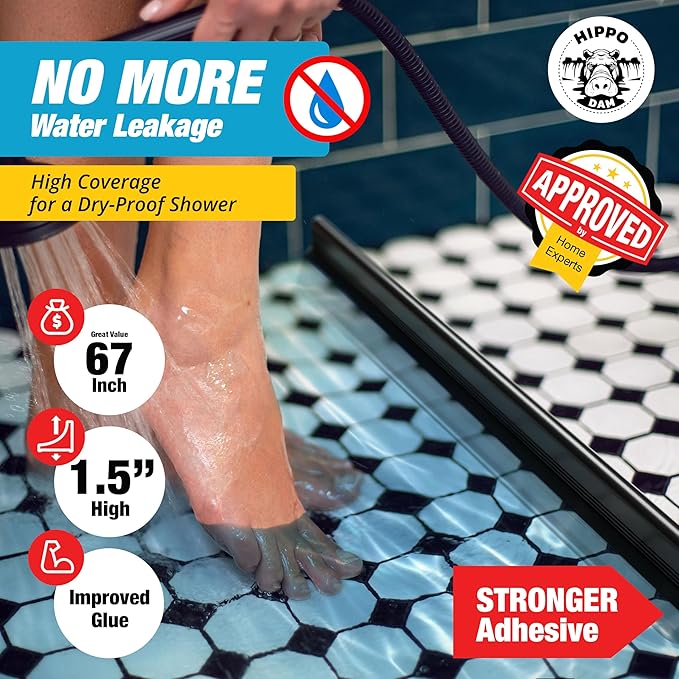Shower Threshold Water Dam Barrier 67" - Black Collapsible Shower Water Blocker - Shower Guard for Walk in Shower - Water Guard Stopper for Floor - Shower Dam - 1.5" Tall - By Hippo Dam