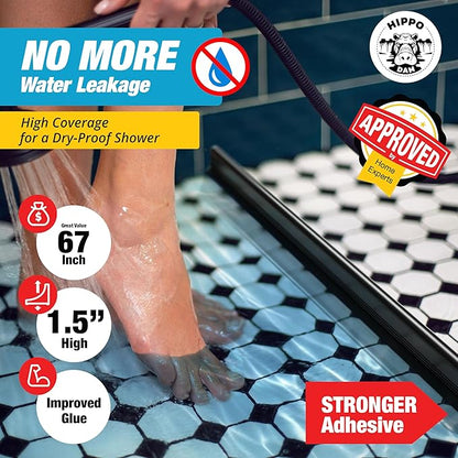 Shower Threshold Water Dam Barrier 67" - Black Collapsible Shower Water Blocker - Shower Guard for Walk in Shower - Water Guard Stopper for Floor - Shower Dam - 1.5" Tall - By Hippo Dam