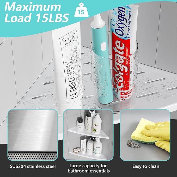 Corner Shower Shelf Matte White, 304 Stainless Steel 11.5” Recessed Corner Shelf Bathroom for Tiled Wall, Floating Shower Shelves Shampoo Holder, No Drilling, 2 Pack