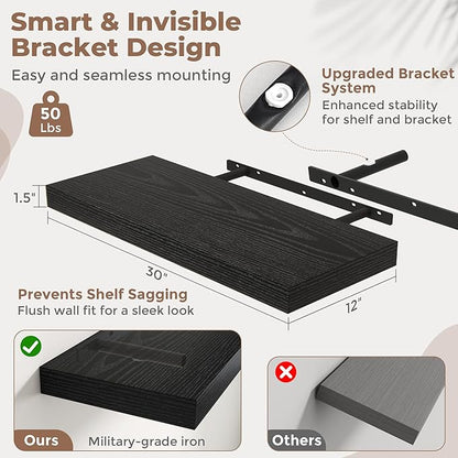 30 Inch Floating Shelves for Wall Set of 2, 12"D Wood Grain Bathroom Shelves with Invisible Brackets, Easy Install Engineered Wood Storage Shelves for Kitchen, Living Room, Bedroom, Black Finish