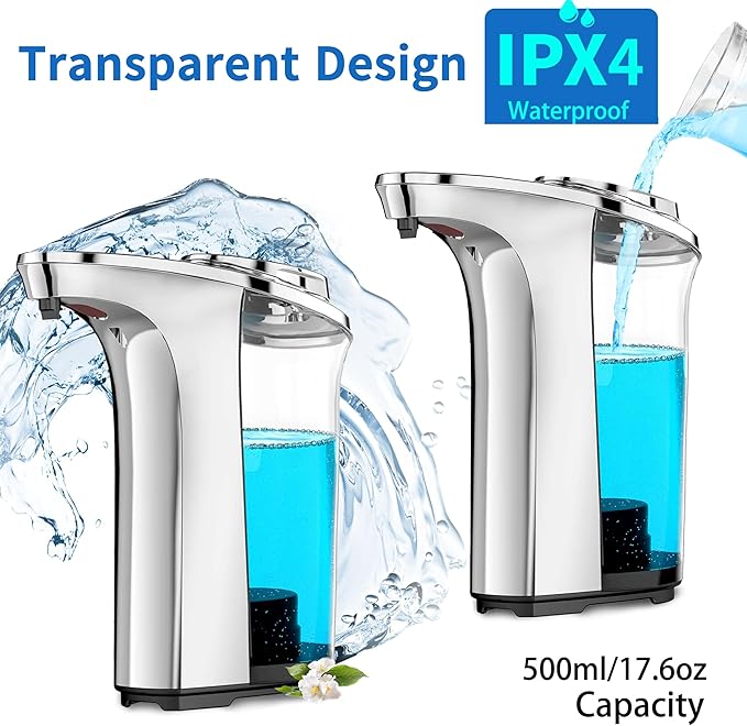 Automatic Soap Dispenser Touchless 17oz/500ml, Set of 2 Pack Liquid Soap Dispenser, Battery Countertop Dispensers with 5 Adjustable Levels, Bathroom Lotion Dispensers Over Sink, Silvery