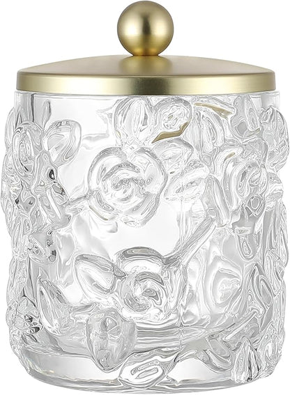 Clear Transparent Apothecary Floral Embossed Glass Jar With Gold Metal Lid Cover for Bathroom Organization, Cotton Balls, Q Tips, and Small Accessories, Bathroom Storage