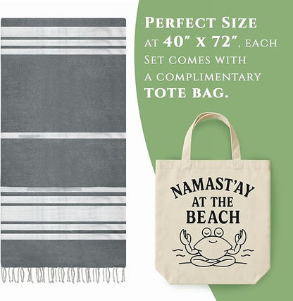 Turkish Cotton Beach Towel Pack of 6 & 1 Boho Tote Bag - Hammam Towels - No Shrink - Quick Dry - Lightweight - Sand Free - Camping - Pool - Tanning - Beach Essentials - Gray (40"x70")