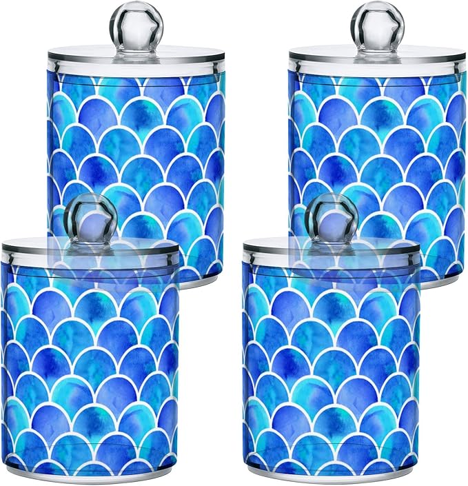 MNSRUU 2 Pack Qtip Holder Organizer Dispenser Blue Scales Of Mermaid Bathroom Storage Canister Cotton Ball Holder Bathroom Containers for Cotton Swabs/Pads/Floss