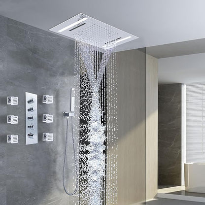 Multi Full Body Thermostatic Luxury Spa Shower System And 14x20 Inch LED 4 Functions Faucet Set, Rainfall Spray Waterfall Can Be Turned On Simultaneously,Polished Chrome