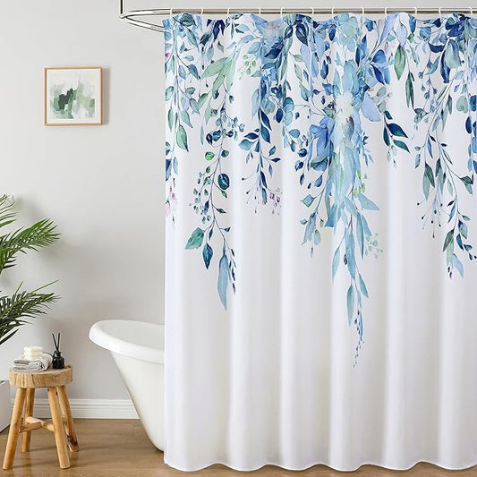 Colorful Star Blue Eucalyptus Waterproof Shower Curtain Set with Hooks, Minimalist Watercolor Floral Print Bathroom Décor, Plant Leaves Washable Fabric Shower Curtain, 72 x 78 Inch