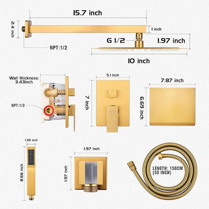 Wall Mounted Shower Faucet Set, Shower System with Tub Spout, 10 Inch Rainfall Shower Head with Handheld Spray, Waterfall Tub Spout Bathtub Faucet, Brushed Gold
