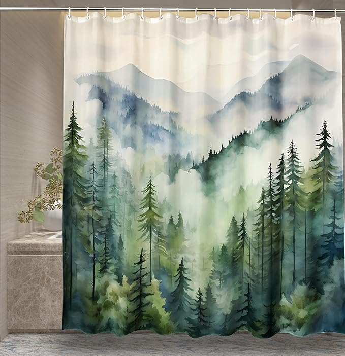 Coveted Goods Mountain Forest Shower Curtain 72” x 72”, Waterproof Polyester, Misty Pine Tree Landscape, Includes Grommets and Hooks, Machine Washable Nature-Inspired Bathroom Decor