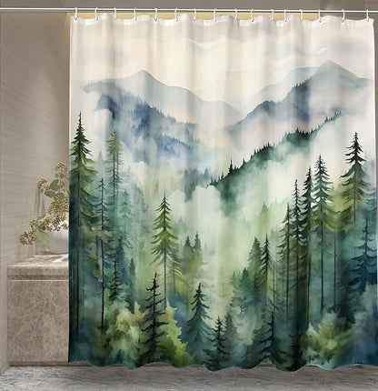 Coveted Goods Mountain Forest Shower Curtain 72” x 72”, Waterproof Polyester, Misty Pine Tree Landscape, Includes Grommets and Hooks, Machine Washable Nature-Inspired Bathroom Decor