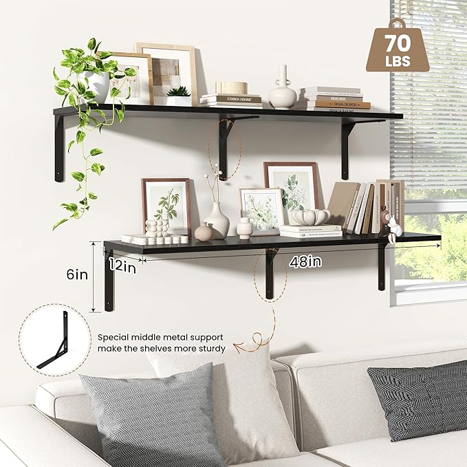 Fun Memories Floating Shelves for Wall, 12 Inch Deep Floating Shelves Set of 2, Wall Mounted Shelf with Metal Brackets, Rustic Wood Wide Shelf for Bathroom, Kitchen and Living Room, Black, 48W x 12D